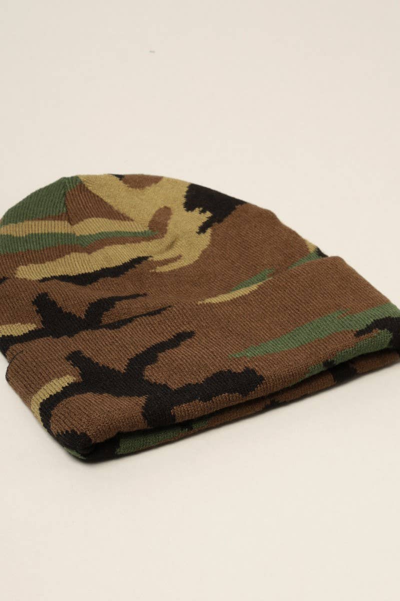 Camouflage Patterns Cuff Knitted Beanie Hat: Woodland Camo / One Size