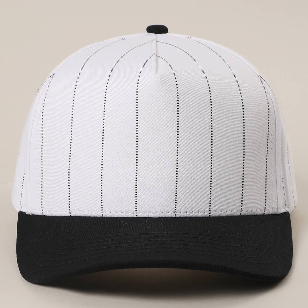 White Two-Tone Canvas Trucker Hat with Pinstripes: BLK-WHT / One Size