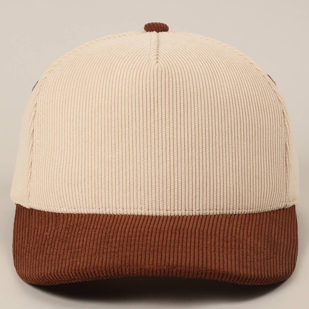 Plain Two Tone Corduroy 5 Panel Trucker Hat: BROWN / ONE SIZE