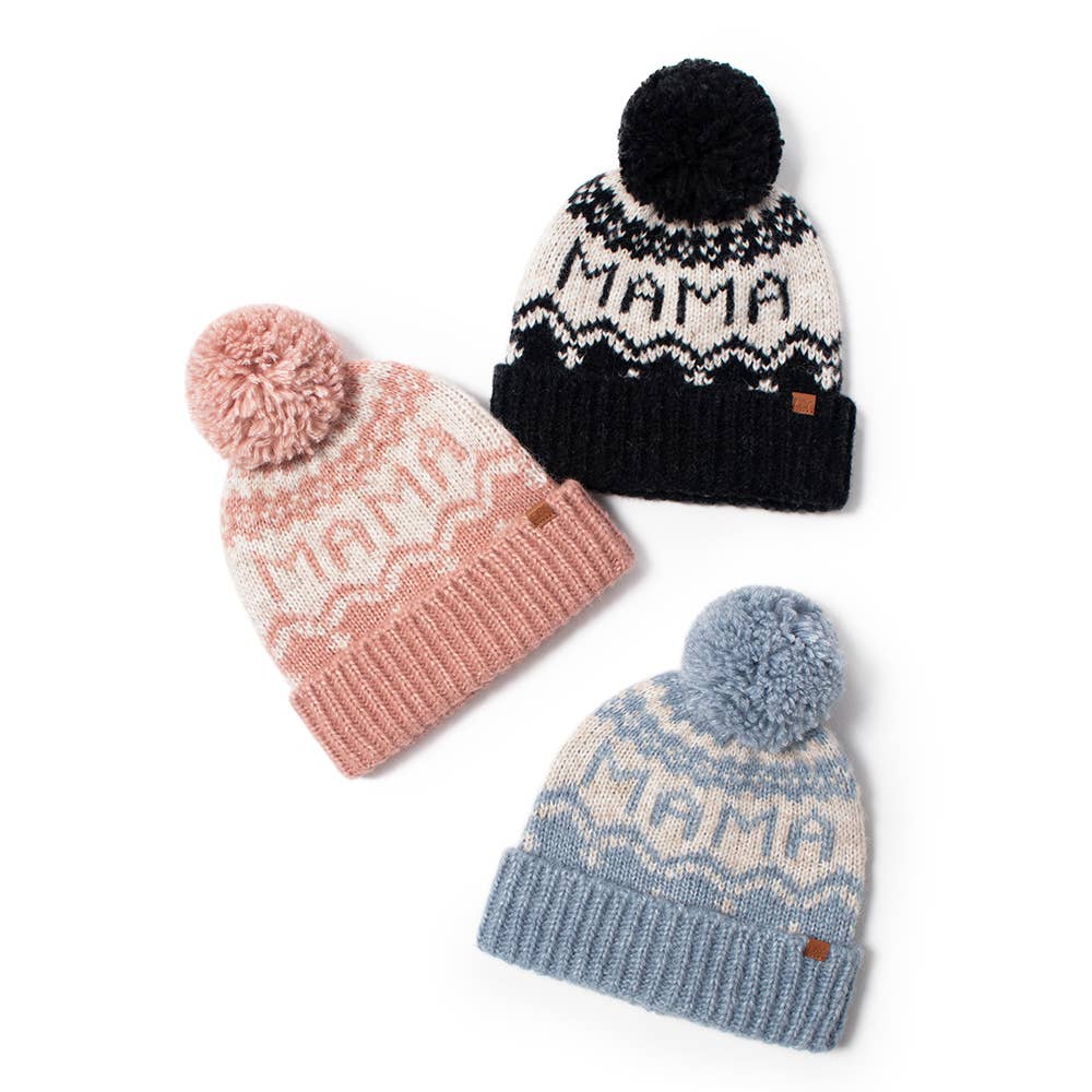 MAMA Jacquard Knit Pom Beanie : Dusty Blue