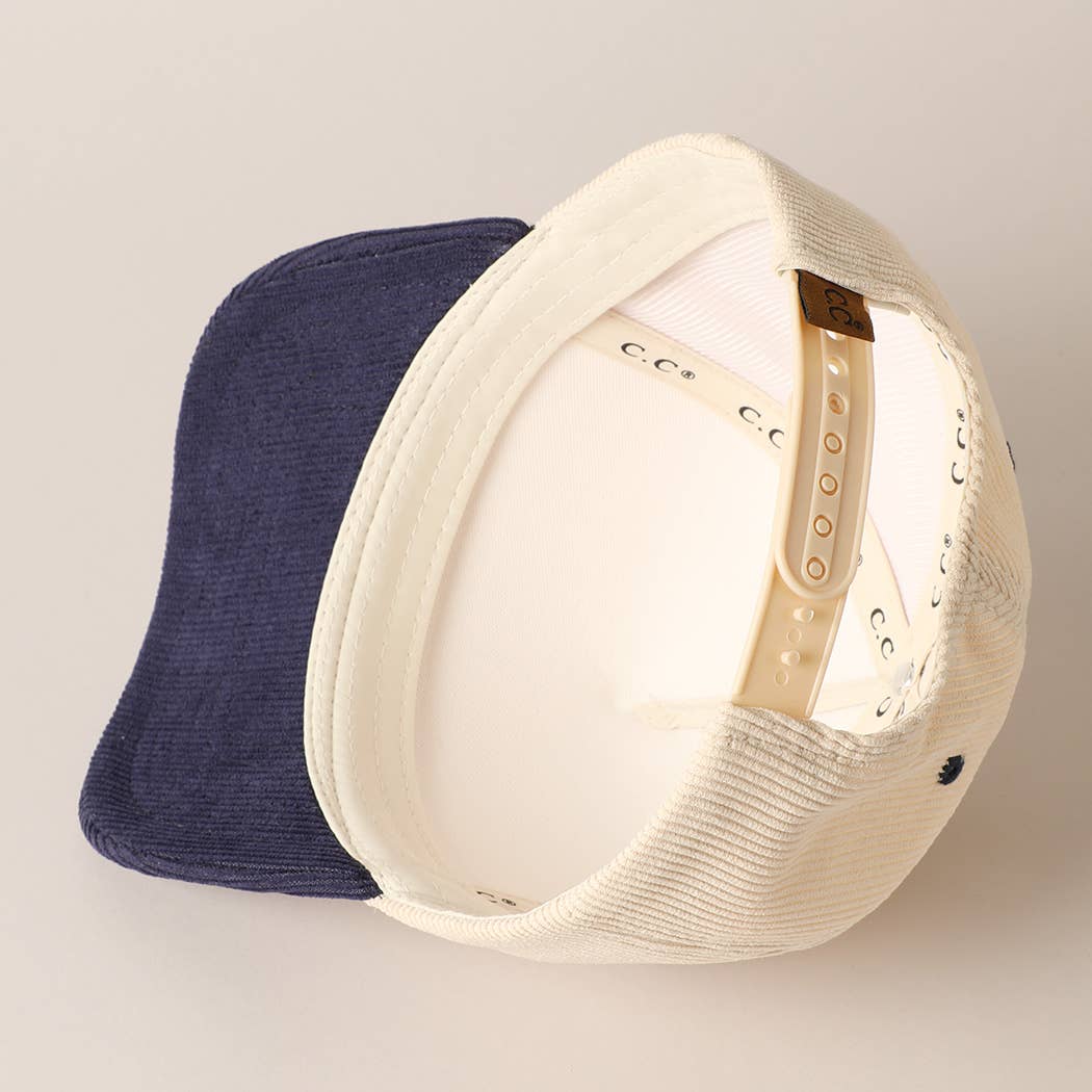 Plain Two Tone Corduroy 5 Panel Trucker Hat: BLACK / ONE SIZE