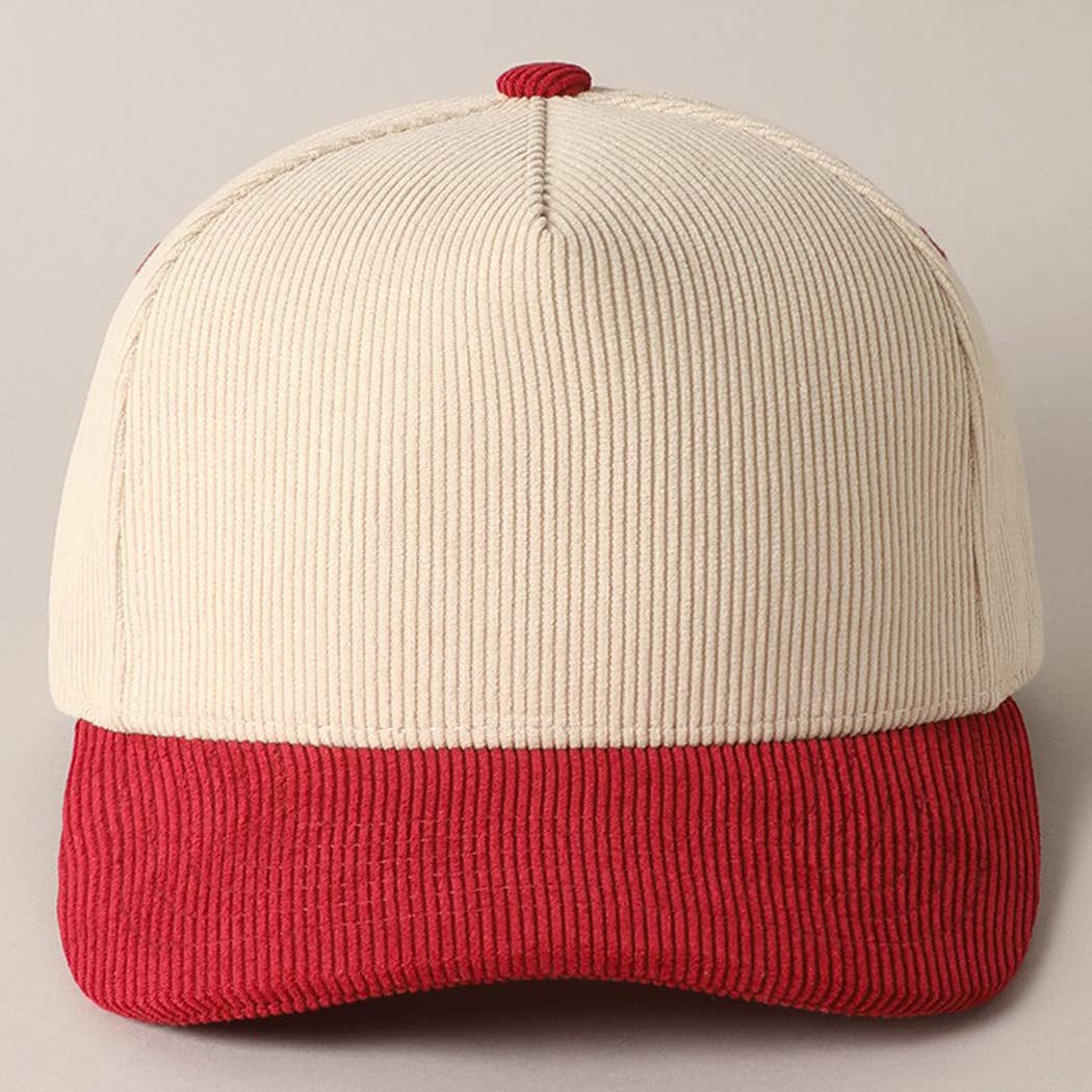 Plain Two Tone Corduroy 5 Panel Trucker Hat: RED / ONE SIZE