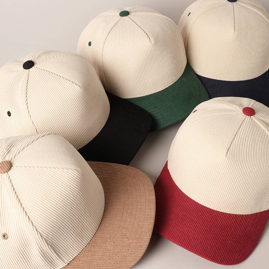 Plain Two Tone Corduroy 5 Panel Trucker Hat: RED / ONE SIZE