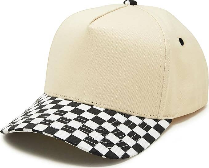 Two Tone Vintage Snapback Hat - Black Checker/Beige
