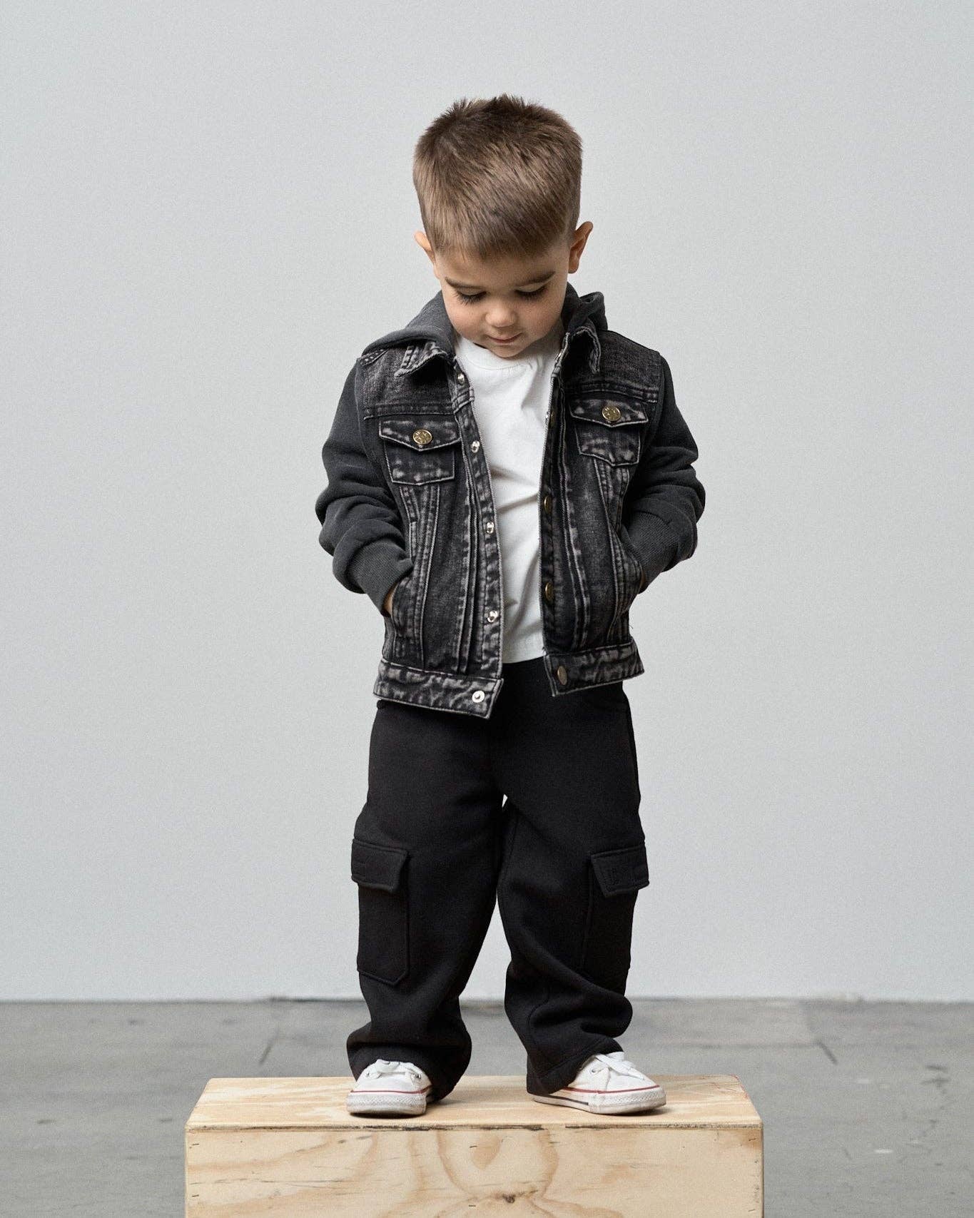 Washed Hooded Denim Jacket - Black: 4-5T