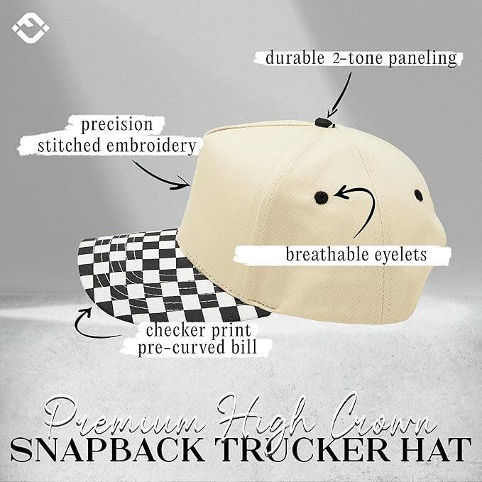 Two Tone Vintage Snapback Hat - Black Checker/Beige