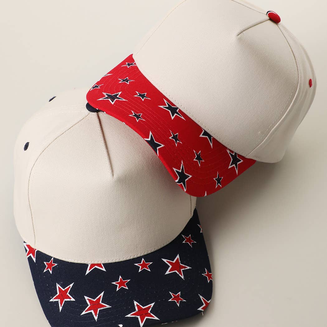 Star Print Brim 5 Panel Trucker Hat: NAVY / ONE SIZE