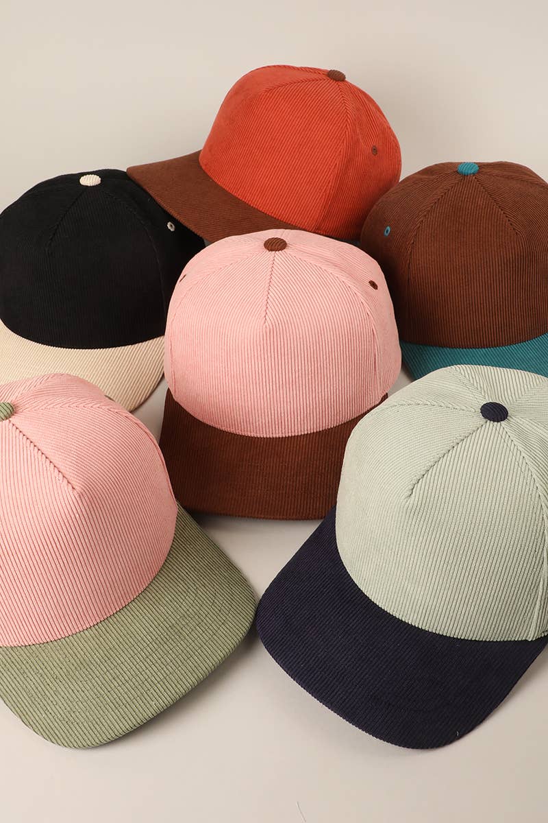 Plain Two Tone Corduroy 5 Panel Trucker Hat: BLACK / ONE SIZE