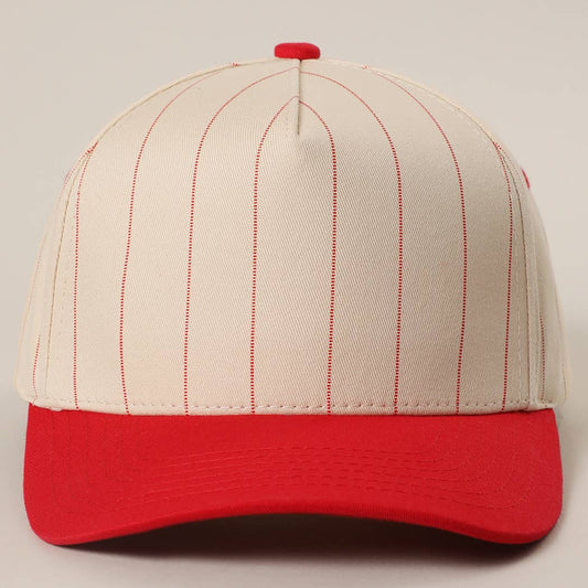 Two-Tone Pinstripe Canvas Trucker Hat: RED / One Size