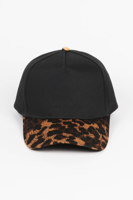 Leopard Print Brim 5 Panel Baseball Hat: Black
