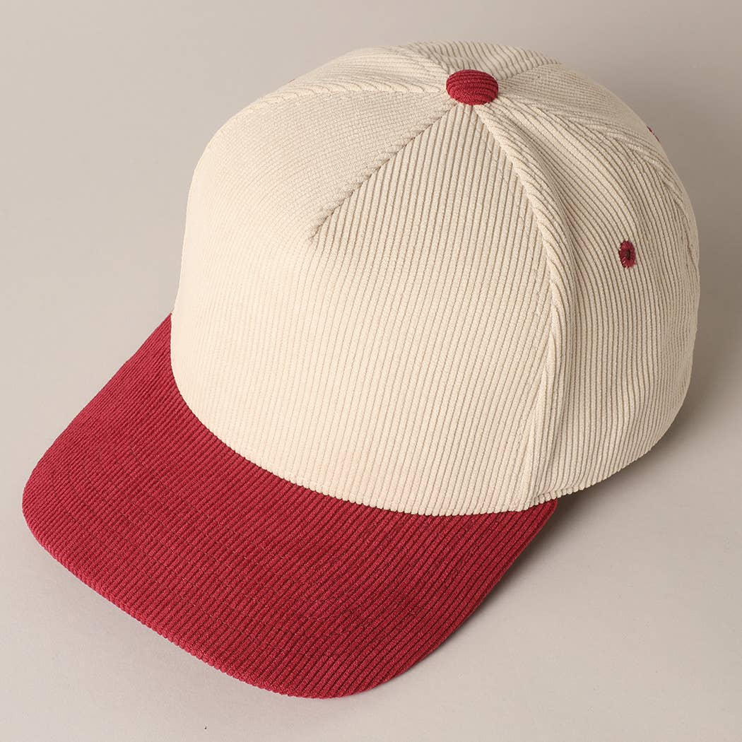 Plain Two Tone Corduroy 5 Panel Trucker Hat: BURGUNDY / ONE SIZE
