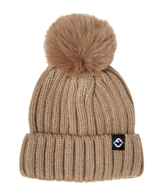 Kids Ribbed Knit Detachable Pom Beanie - Taupe