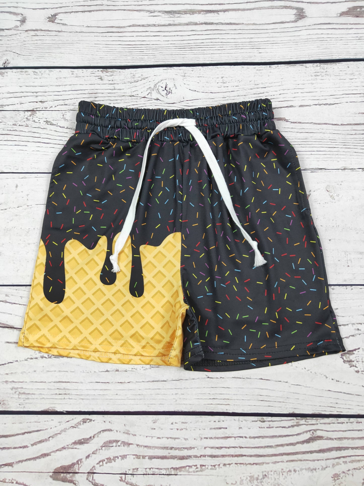 Boys Black Ice Cream Drip Printed Shorts With Pockets: 12-18M