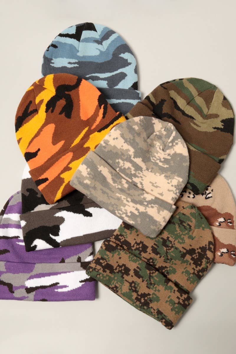 Camouflage Patterns Cuff Knitted Beanie Hat: Woodland Camo / One Size