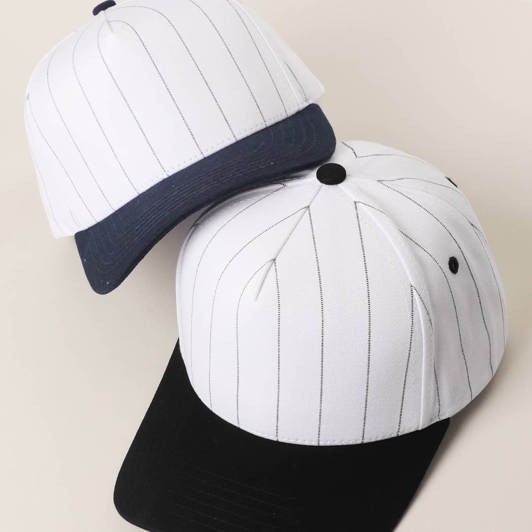 White Two-Tone Canvas Trucker Hat with Pinstripes: BLK-WHT / One Size