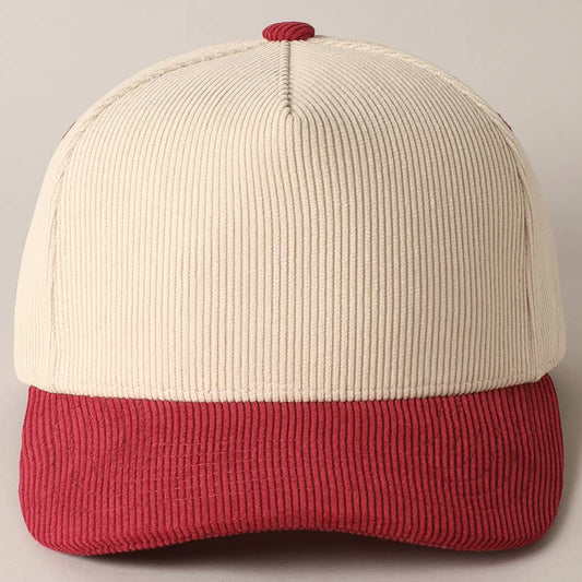 Plain Two Tone Corduroy 5 Panel Trucker Hat: BURGUNDY / ONE SIZE