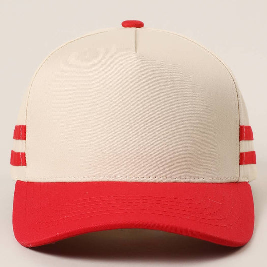 Two Tone Canvas Cotton Two Stripes Trucker Hat : RED / One Size