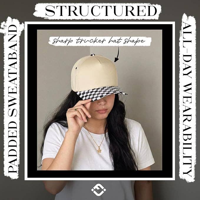 Two Tone Vintage Snapback Hat - Black Checker/Beige