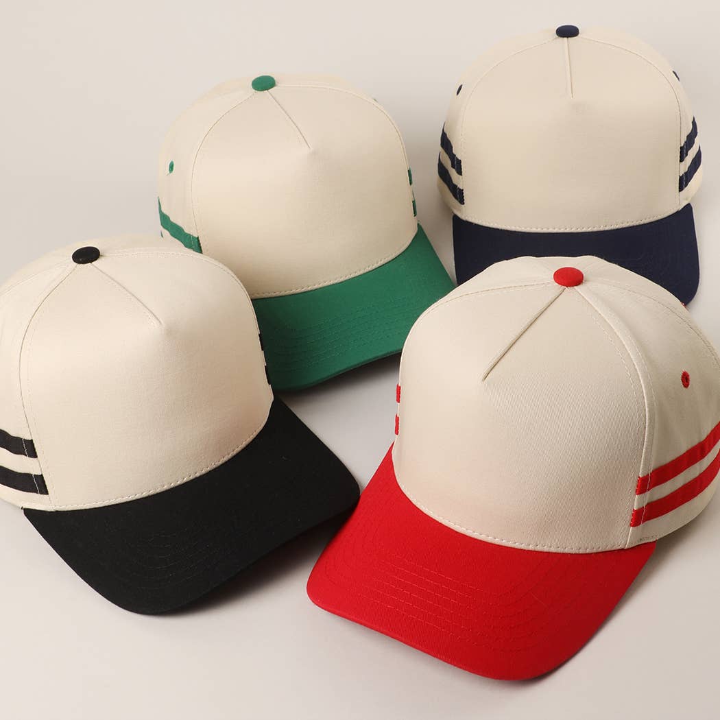 Two Tone Canvas Cotton Two Stripes Trucker Hat : RED / One Size